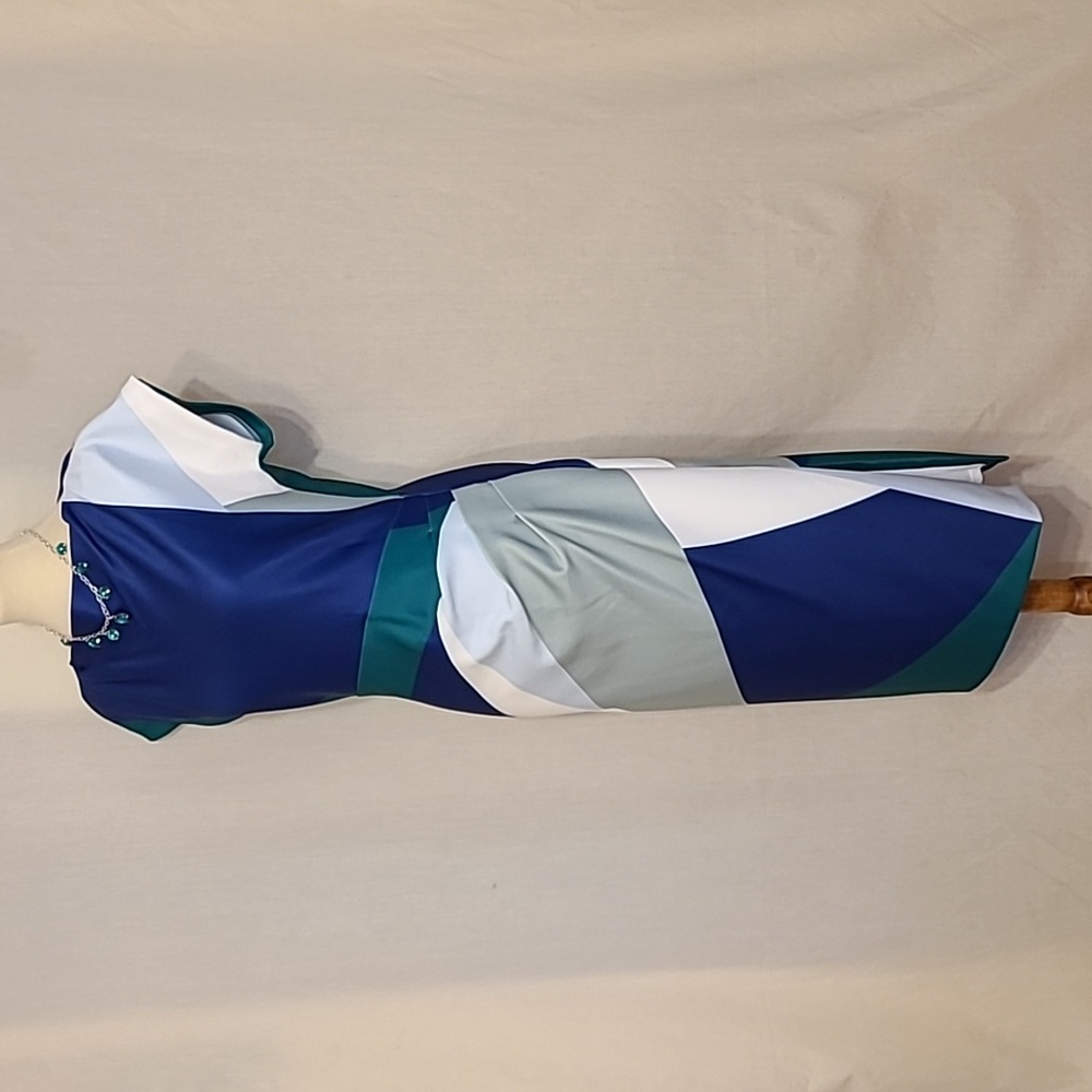 Donna Karan Blue Green Cream Abstract Print Short Sleeve Boat Neck Midi Dress - Picture 5 of 16
